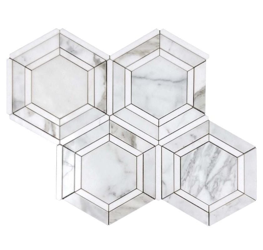 5" Calacatta Gold & Thassos Hexagon Polished Mosaic Tile - Product image